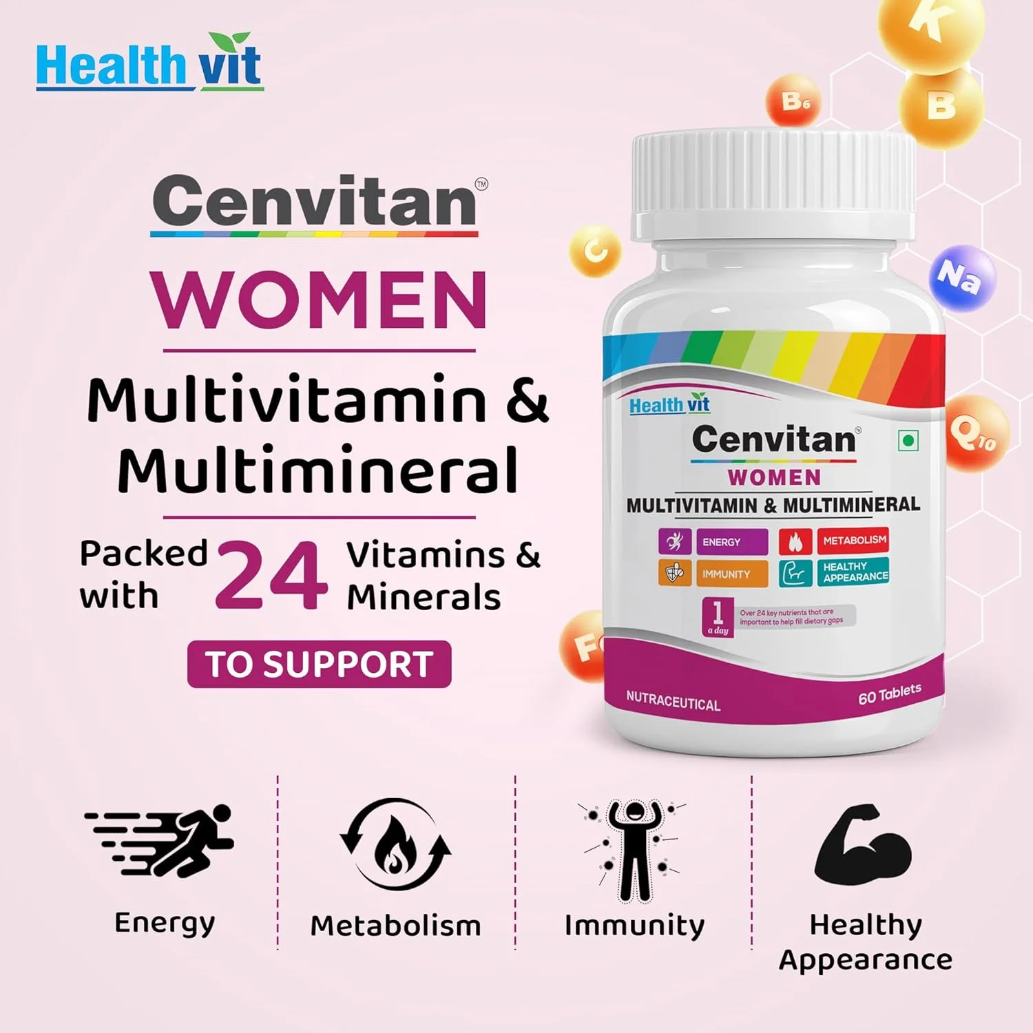 قرص های مولتی ویتامین و مولتی مینرال مخصوص بانوان Healthvit Cenvitan - 60 عدد قرص های مولتی ویتامین و مولتی مینرال مخصوص بانوان Healthvit Cenvitan - 60 عدد