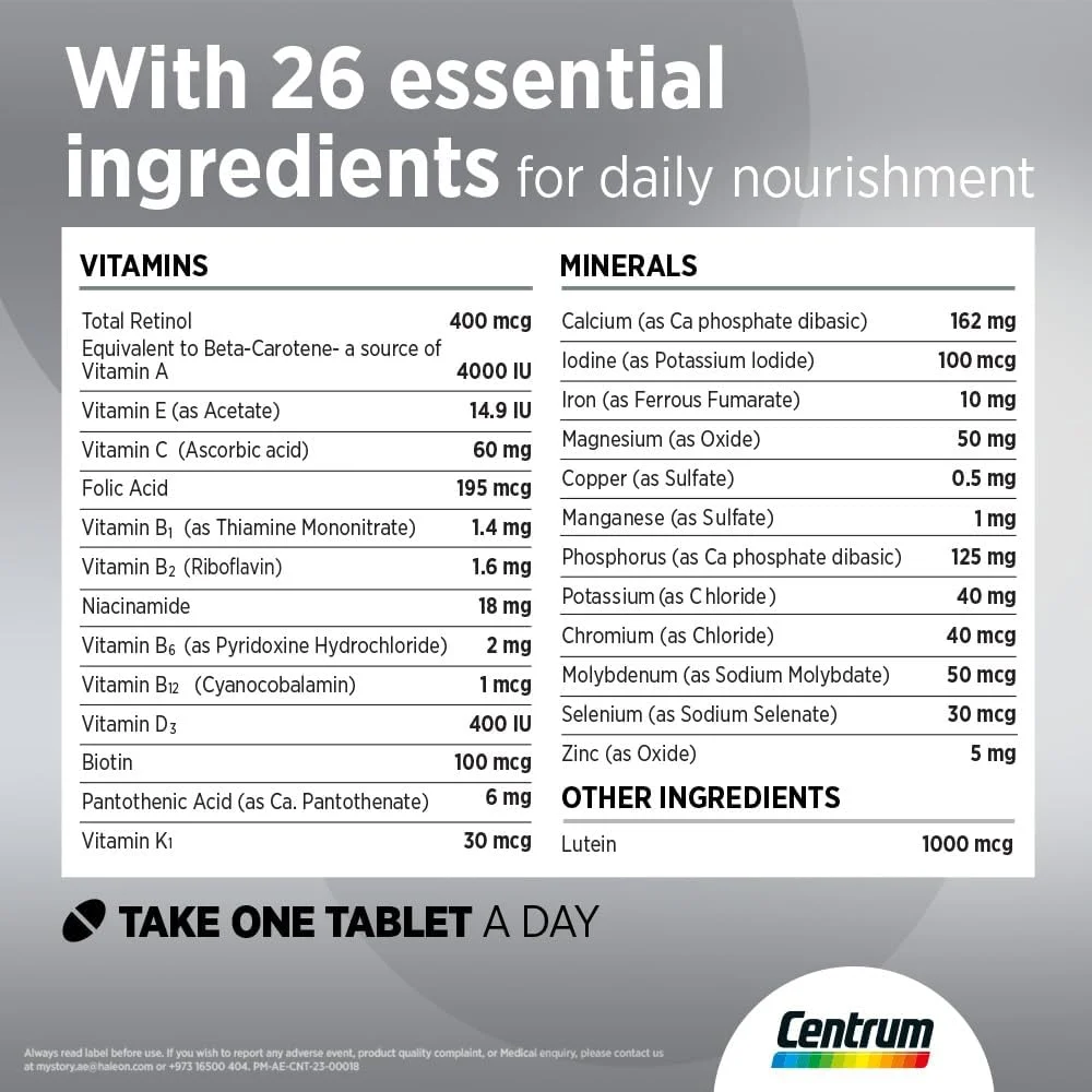 Centrum Silver 50 Plus، مولتی ویتامین، لوتئین، با ویتامین C، ویتامین D، روی و ویتامین B کمپلکس، منیزیم و سایر مواد، تقویت سلامت قلب، تقویت ایمنی، 100 قرص Centrum Silver 50 Plus، مولتی ویتامین، لوتئین، با ویتامین C، ویتامین D، روی و ویتامین B کمپلکس، منیزیم و سایر مواد، تقویت سلامت قلب، تقویت ایمنی، 100 قرص