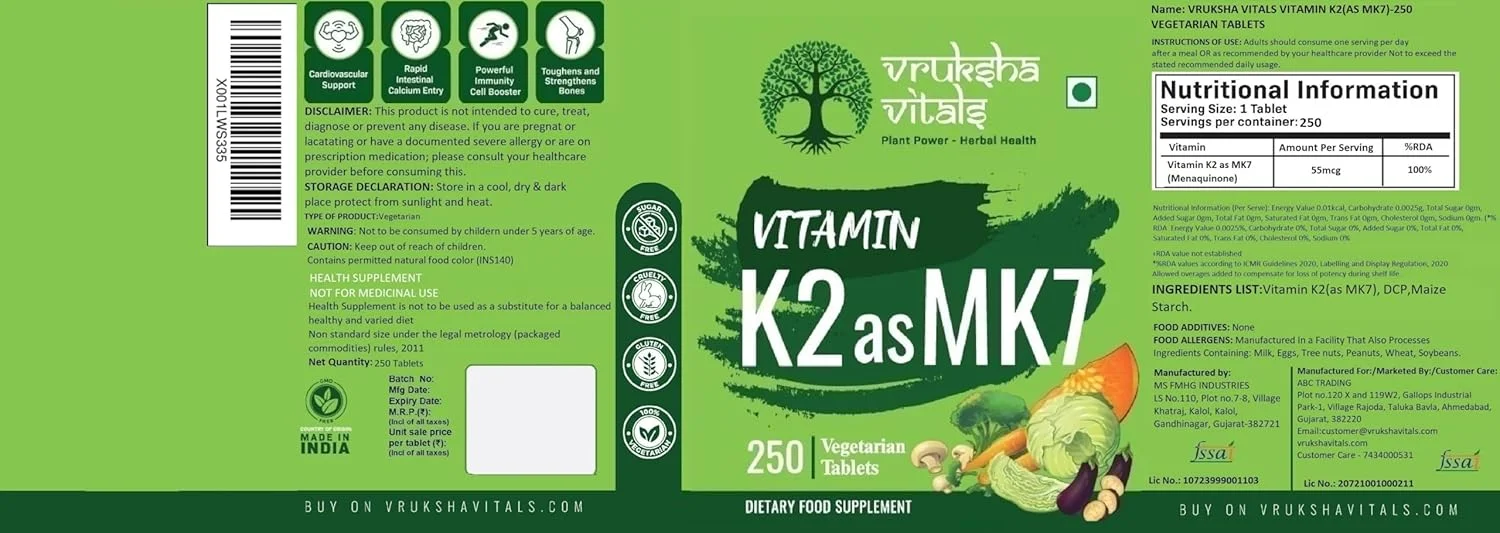 ورکشا ویتالز ویتامین K2 به شکل MK7، 55 میکروگرم در هر قرص - 250 قرص - مکمل گیاهی ویتامین K کپسول/قرص
