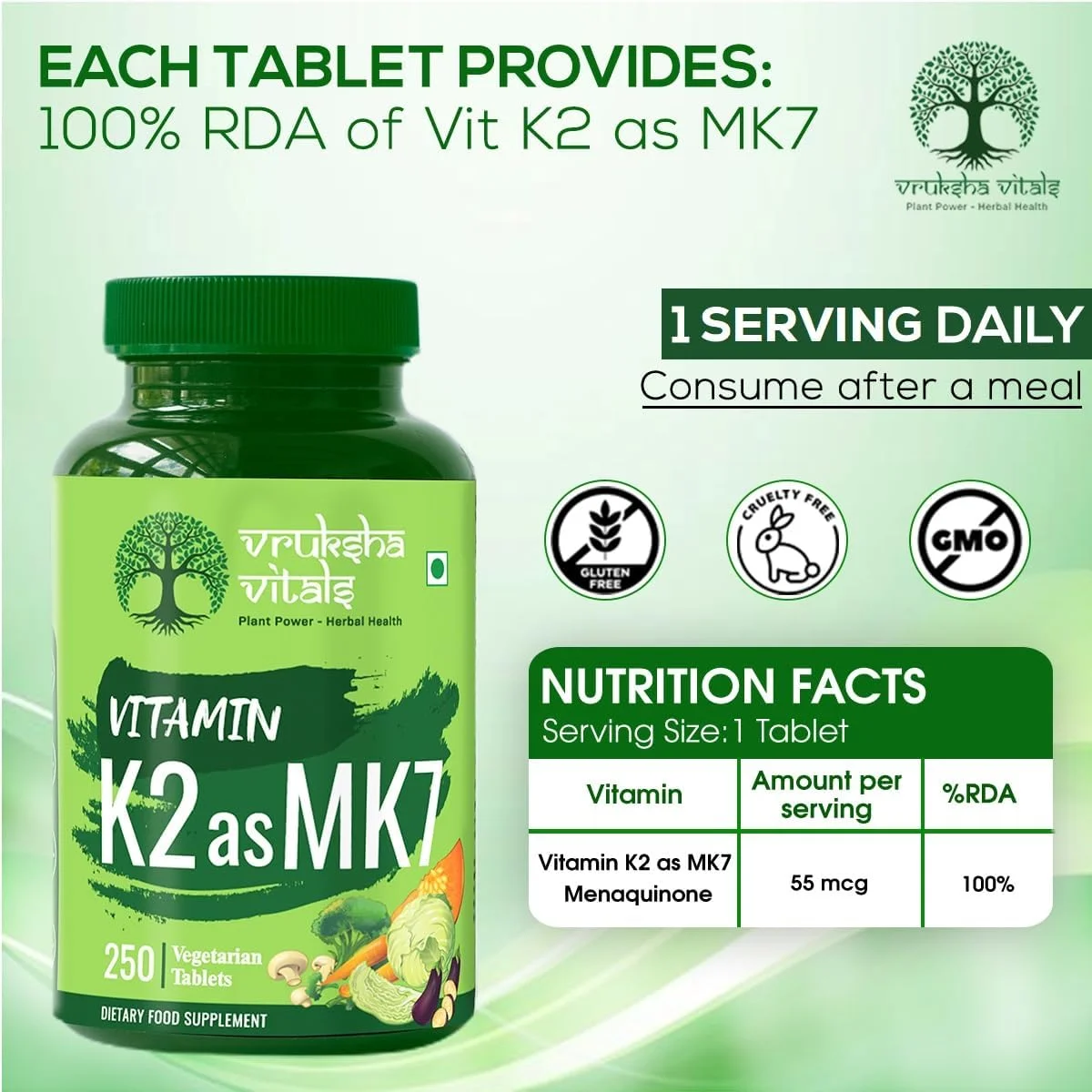 ورکشا ویتالز ویتامین K2 به شکل MK7، 55 میکروگرم در هر قرص - 250 قرص - مکمل گیاهی ویتامین K کپسول/قرص