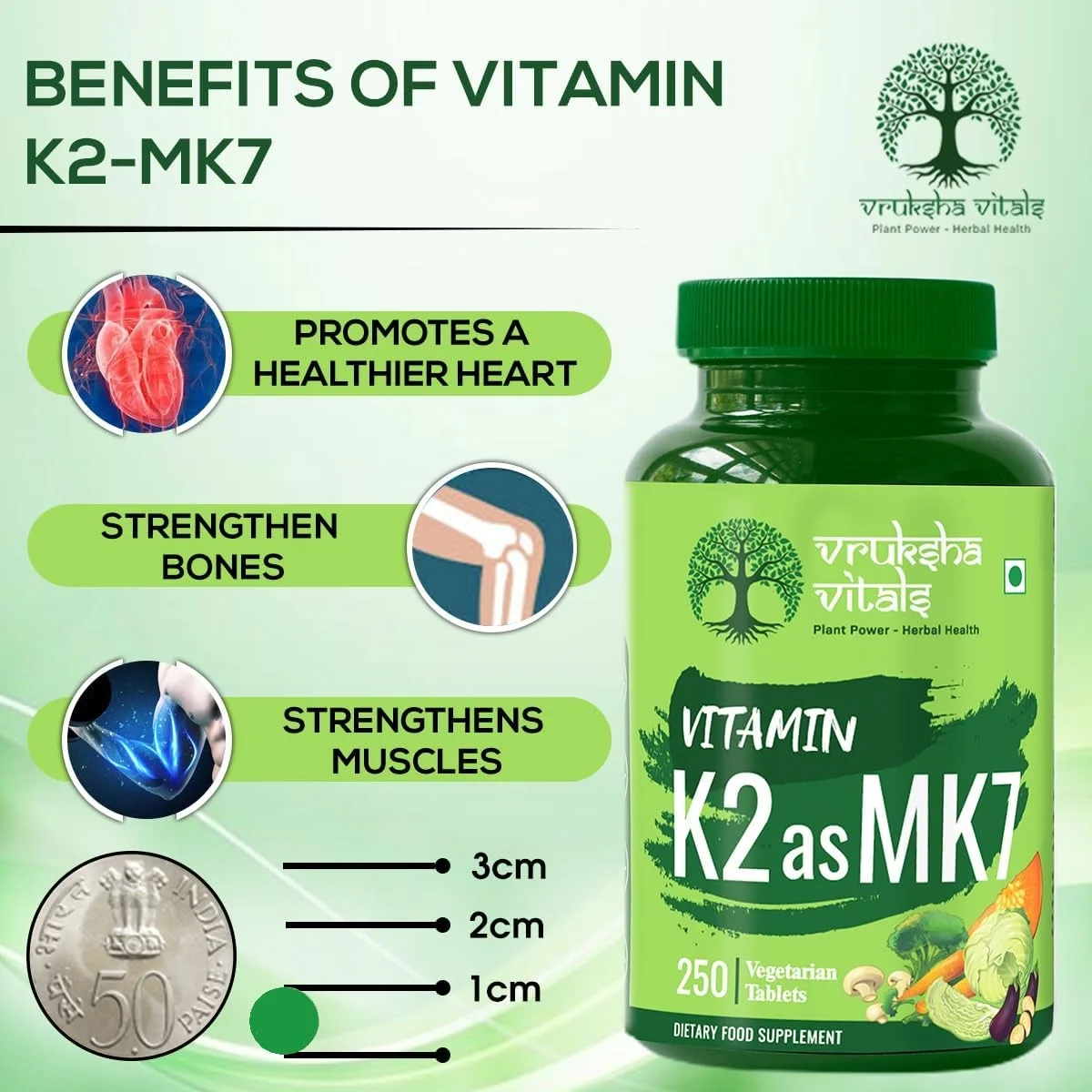 ورکشا ویتالز ویتامین K2 به شکل MK7، 55 میکروگرم در هر قرص - 250 قرص - مکمل گیاهی ویتامین K کپسول/قرص