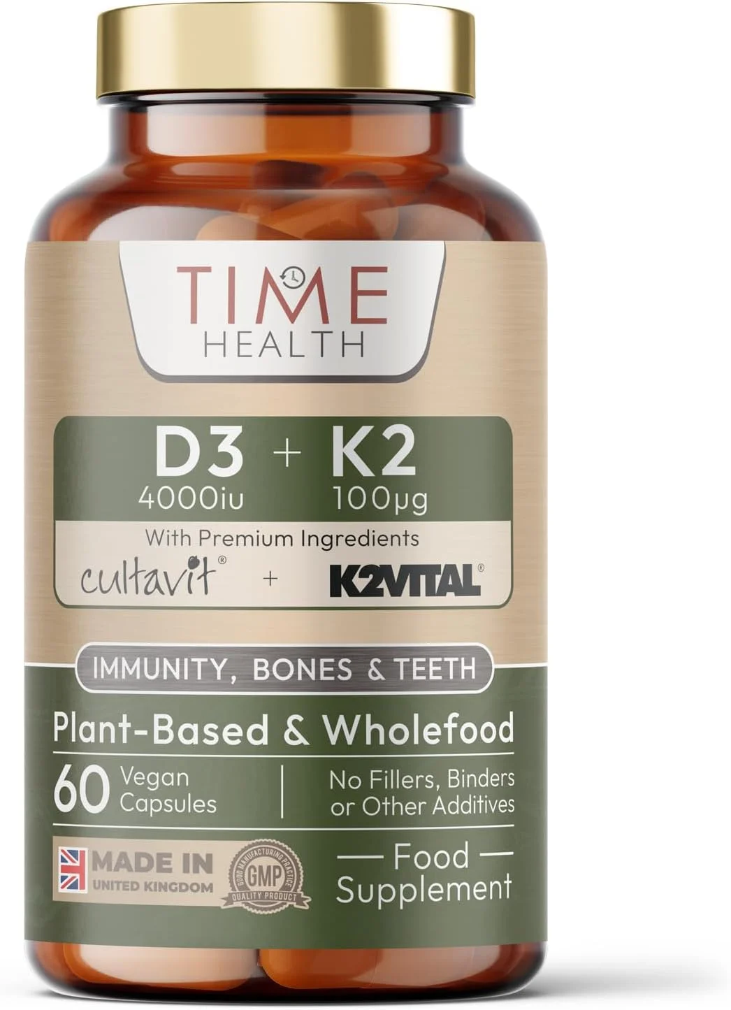 ویتامین D3 + K2 - 4000IU + 100UG - غذای کامل و گیاهی - CULTAVIT® D3 (کلکلسیفرول) - K2VITAL® K2 MK-7 - مکمل ساخت انگلستان - بدون هیچ گونه افزودنی (بطری 60 کپسولی)
