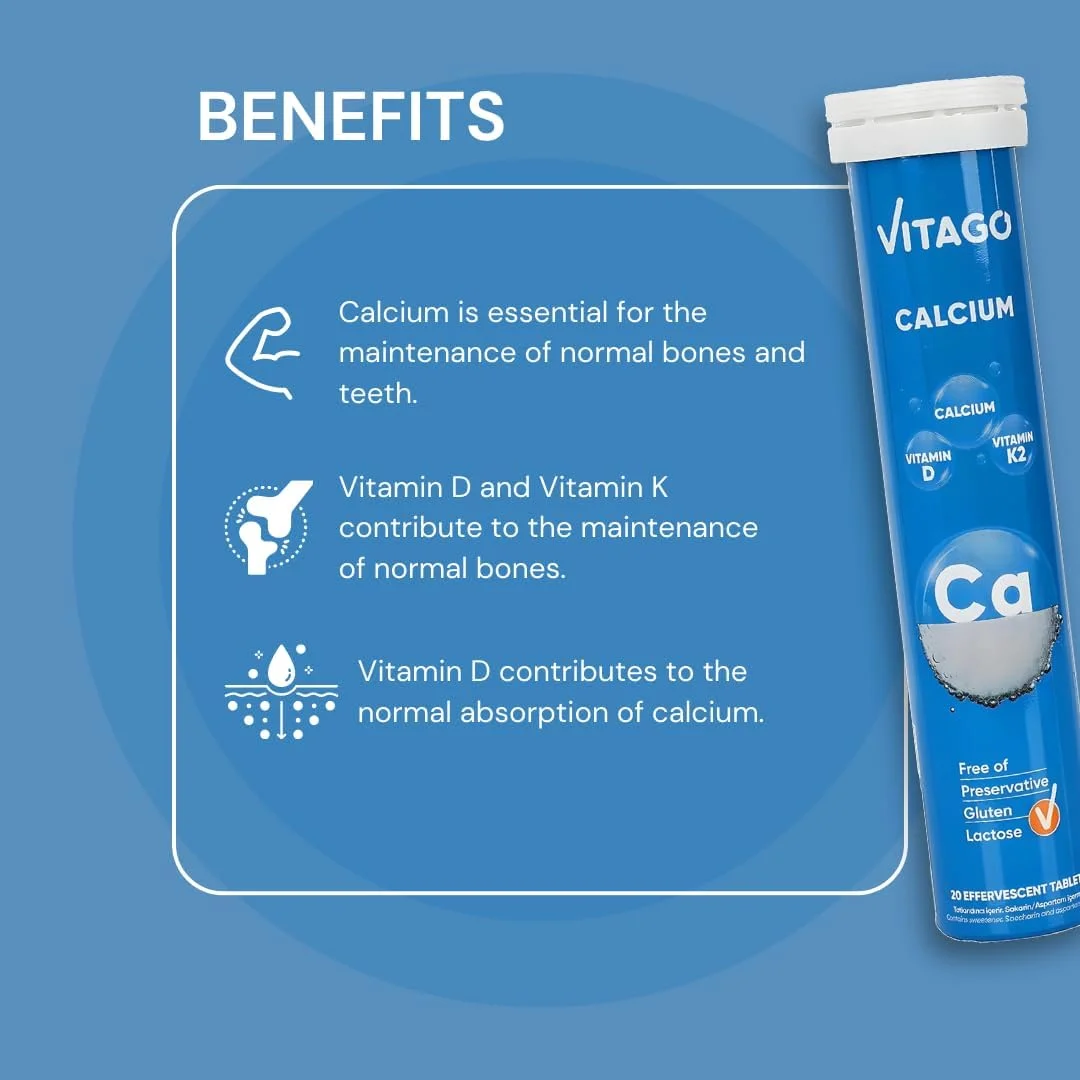 قرص جوشان کلسیم ویتاگو، ویتامین D3، K2، کلسیم با جذب بالا، استخوان ها و دندان های قوی - 20 عدد