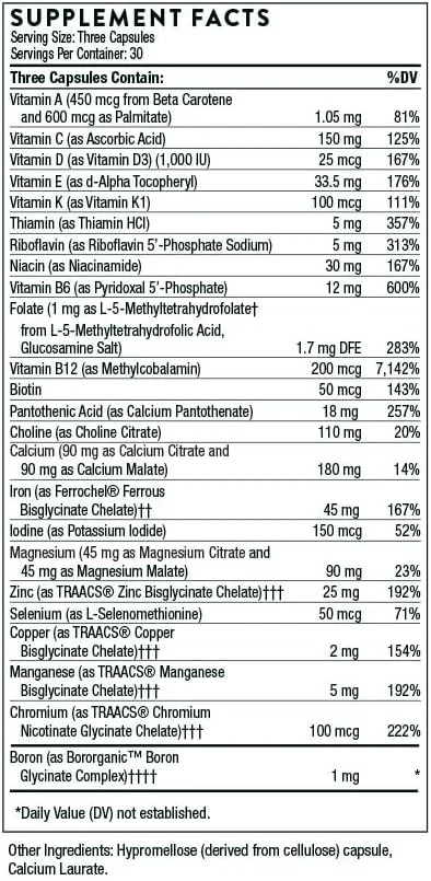 THORNE Basic Prenatal - مولتی ویتامین فولات با تحقیقات کامل برای زنان باردار و شیرده شامل 18 ویتامین و مواد معدنی به همراه کولین - 90 کپسول - 30 سروینگ