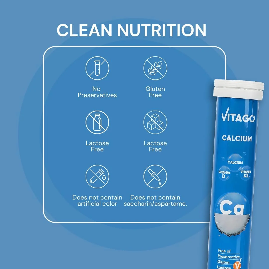 قرص جوشان کلسیم ویتاگو، ویتامین D3، K2، کلسیم با جذب بالا، استخوان ها و دندان های قوی - 20 عدد