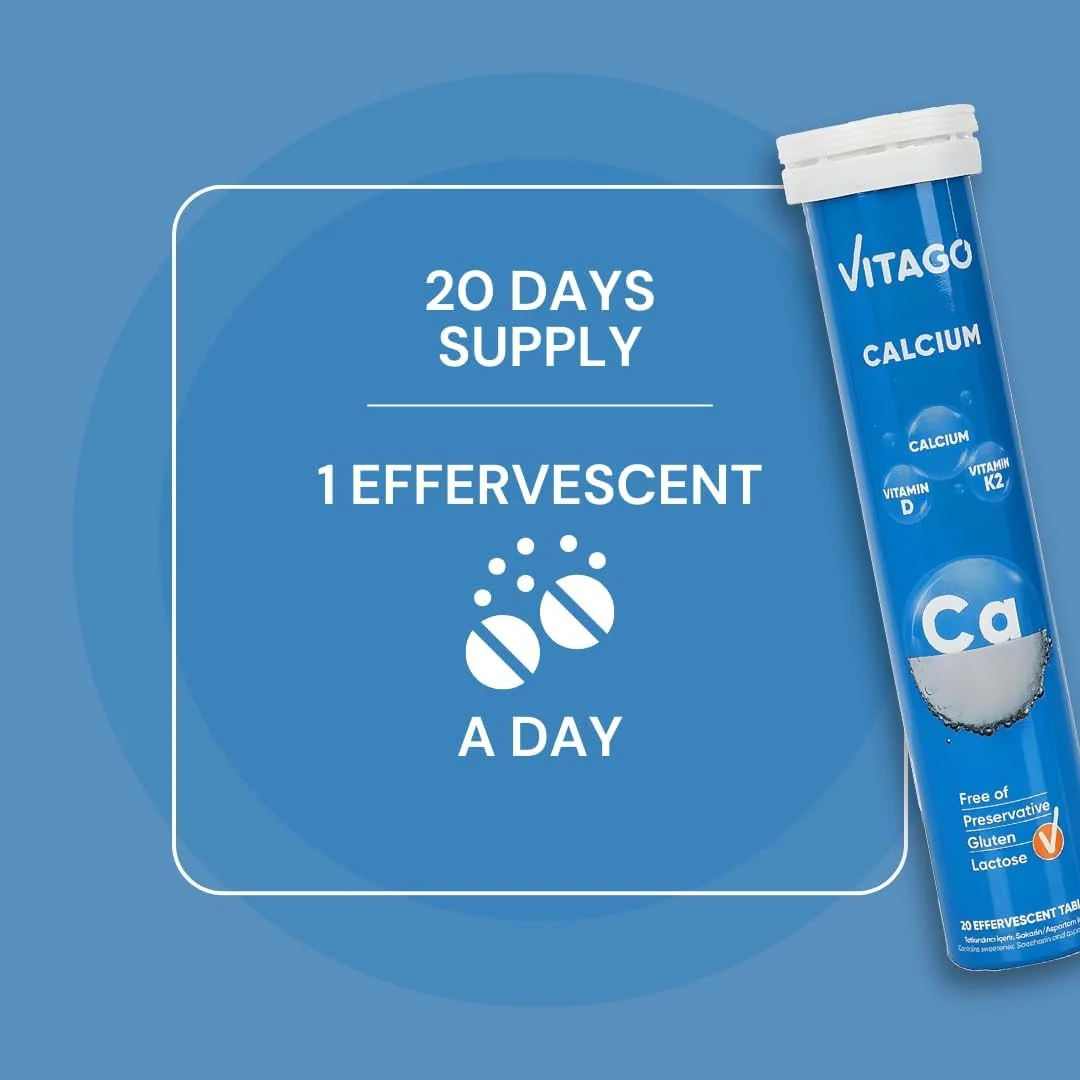 قرص جوشان کلسیم ویتاگو، ویتامین D3، K2، کلسیم با جذب بالا، استخوان ها و دندان های قوی - 20 عدد