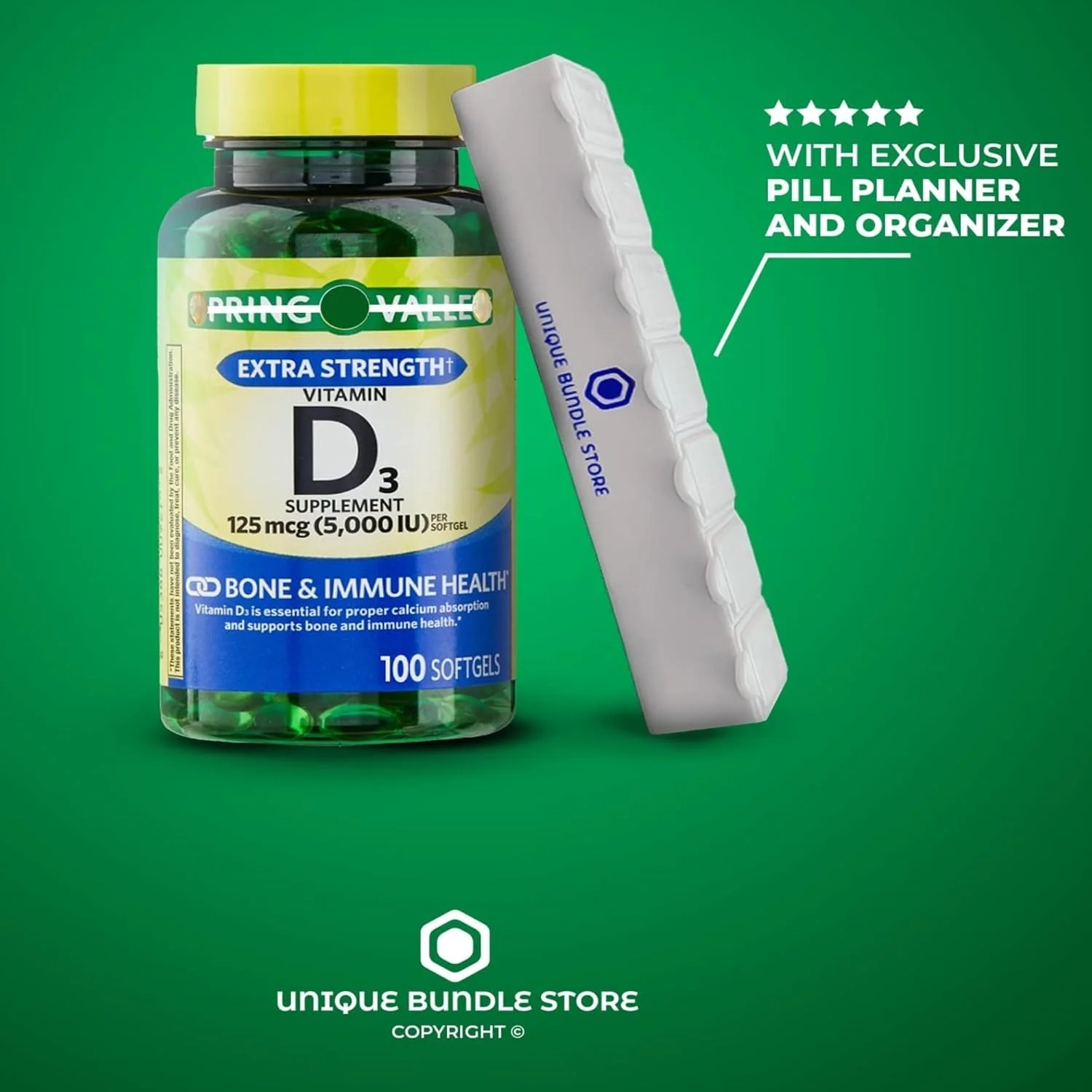 اسپرینگ ولی، سافت ژل های ویتامین D3، ویتامین D3 5000 IU، 100 عدد + جعبه قرص 7 روزه اسپرینگ ولی، سافت ژل های ویتامین D3، ویتامین D3 5000 IU، 100 عدد + جعبه قرص 7 روزه