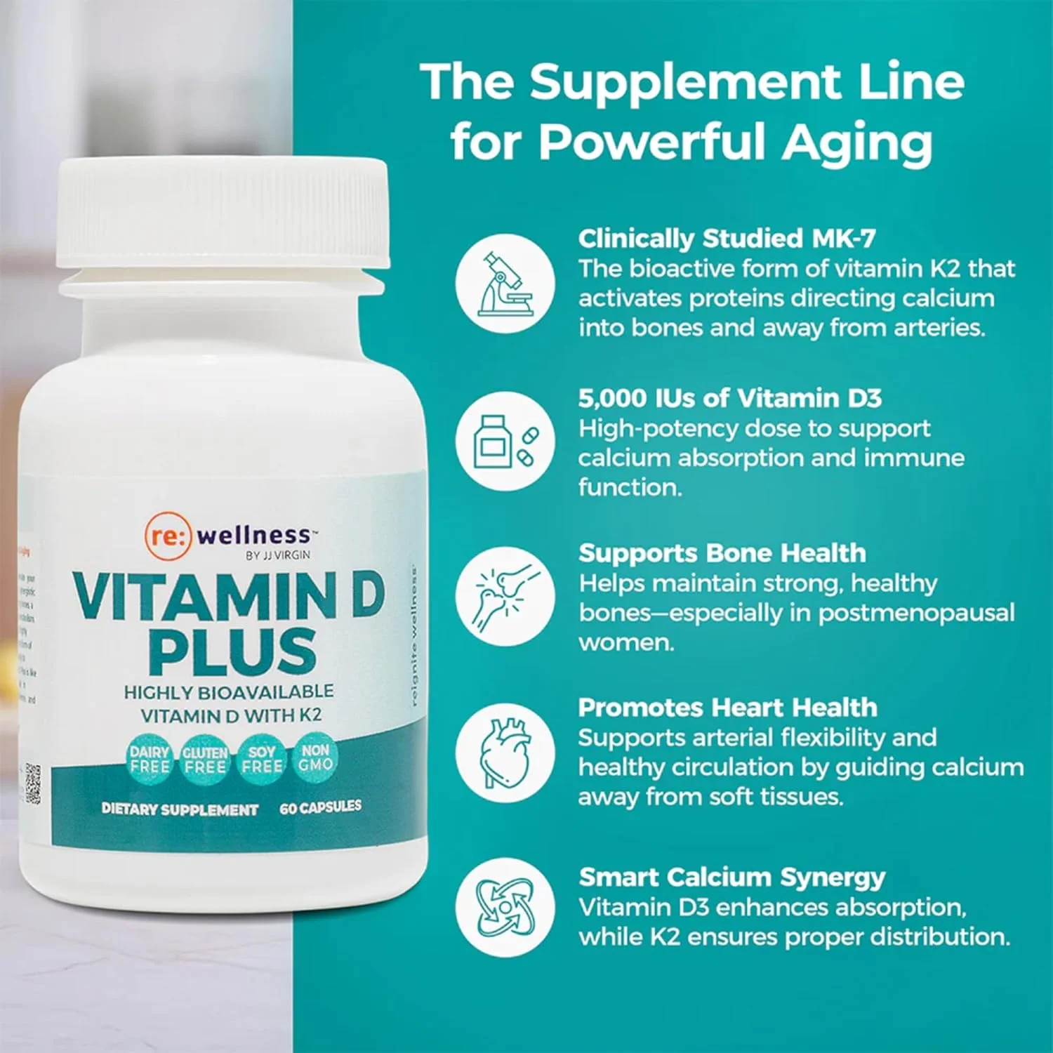 مکمل ویتامین D3 + K Shine On Reignite Wellness - 5000 واحد بین المللی ویتامین D، 550 میکروگرم ویتامین K - تقویت سلامت استخوان + پشتیبانی از سیستم ایمنی (60 کپسول گیاهی) - اثر جی جی ویرجین