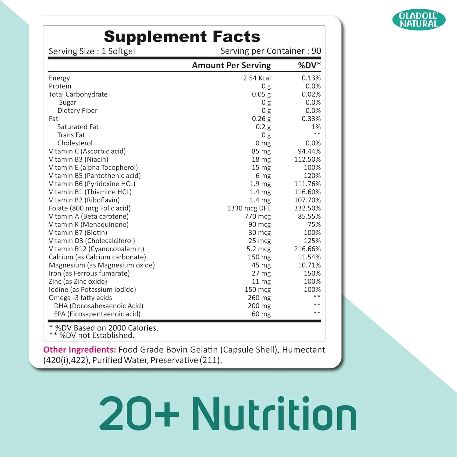 مولتی ویتامین طبیعی اولادل برای آقایان و بانوان، 90 سافت ژل | غنی شده با ویتامین A، C، D، E، K، B12، آهن، کلسیم، منیزیم، بیوتین، روی و ید | پشتیبانی از سیستم ایمنی با تقویت آنتی اکسیدانی مولتی ویتامین طبیعی اولادل برای آقایان و بانوان، 90 سافت ژل | غنی شده با ویتامین A، C، D، E، K، B12، آهن، کلسیم، منیزیم، بیوتین، روی و ید | پشتیبانی از سیستم ایمنی با تقویت آنتی اکسیدانی