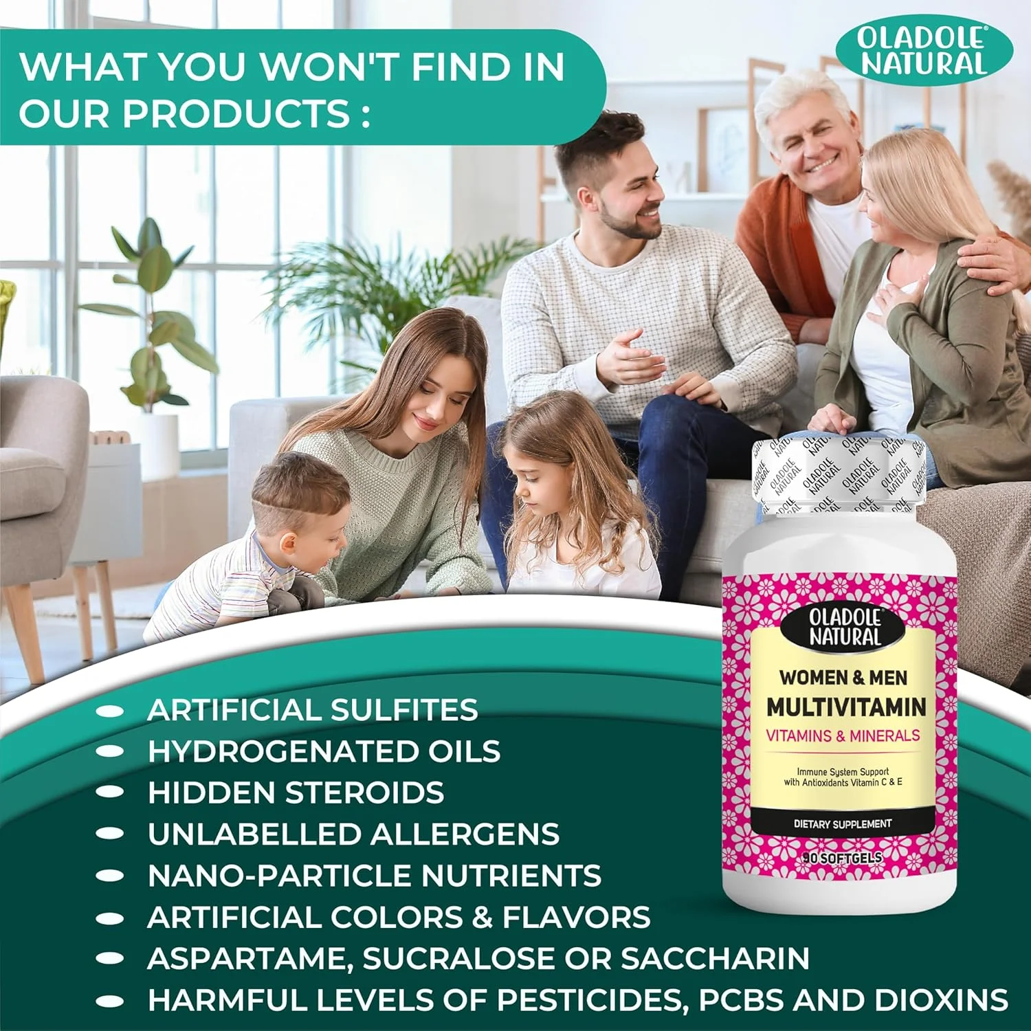مولتی ویتامین طبیعی اولادل برای آقایان و بانوان، 90 سافت ژل | غنی شده با ویتامین A، C، D، E، K، B12، آهن، کلسیم، منیزیم، بیوتین، روی و ید | پشتیبانی از سیستم ایمنی با تقویت آنتی اکسیدانی مولتی ویتامین طبیعی اولادل برای آقایان و بانوان، 90 سافت ژل | غنی شده با ویتامین A، C، D، E، K، B12، آهن، کلسیم، منیزیم، بیوتین، روی و ید | پشتیبانی از سیستم ایمنی با تقویت آنتی اکسیدانی