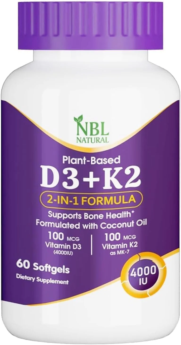ان بی ال ویتامین D3 + K2 طبیعی با نارگیل ارگانیک - 60 سافت ژل | مکمل ویتامین D3 4000 واحد بین المللی k2 برای مو | پشتیبانی از سلامت استخوان | تقویت کننده ایمنی | سافت ژل مکمل عضلات