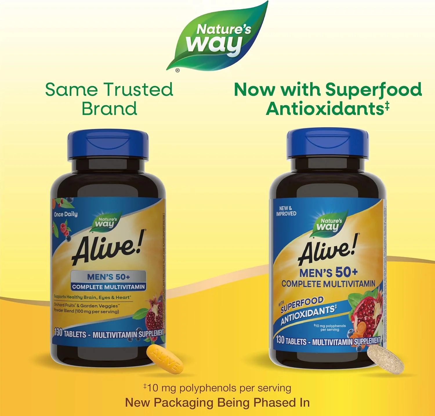 مولتی ویتامین کامل آقایان بالای 50 سال Nature’s Way Alive!، پشتیبانی از سیستم های متعدد بدن*، پشتیبانی از انرژی سلولی*، ویتامین های B با قدرت بالا، بدون گلوتن، 130 قرص