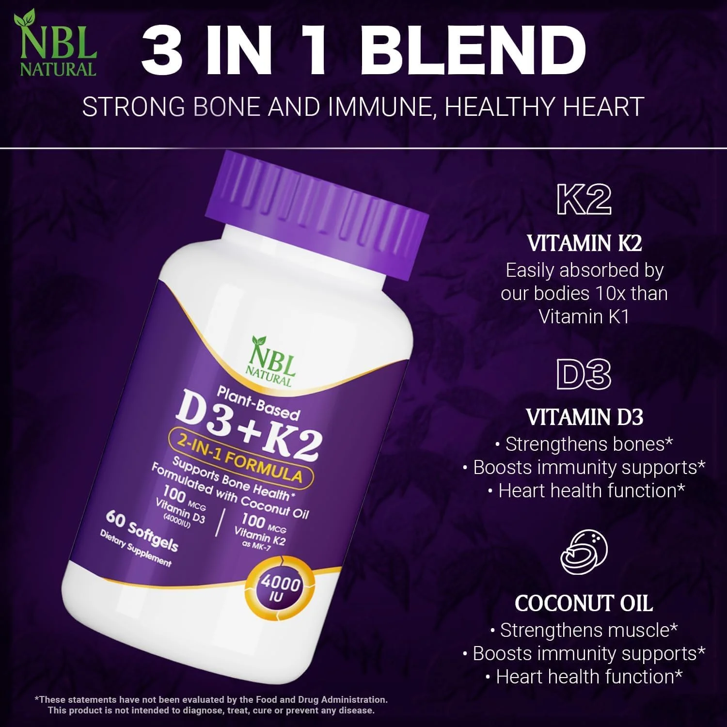 ان بی ال ویتامین D3 + K2 طبیعی با نارگیل ارگانیک - 60 سافت ژل | مکمل ویتامین D3 4000 واحد بین المللی k2 برای مو | پشتیبانی از سلامت استخوان | تقویت کننده ایمنی | سافت ژل مکمل عضلات