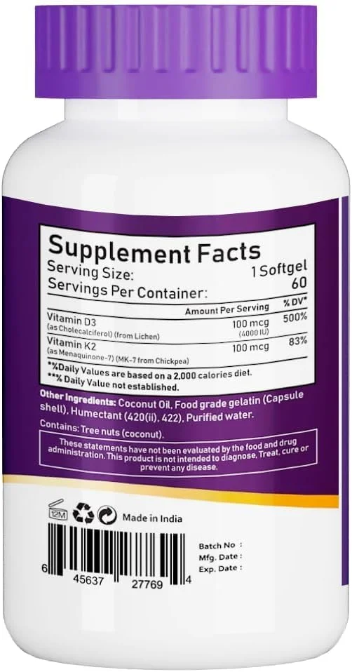 ان بی ال ویتامین D3 + K2 طبیعی با نارگیل ارگانیک - 60 سافت ژل | مکمل ویتامین D3 4000 واحد بین المللی k2 برای مو | پشتیبانی از سلامت استخوان | تقویت کننده ایمنی | سافت ژل مکمل عضلات