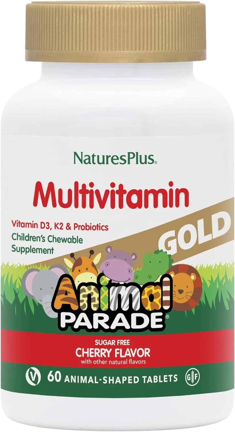 مولتی ویتامین کودکان Nature's Plus Gold، مکمل جویدنی 60 عددی با طعم گیلاس و شکل حیوانات - حاوی ویتامین D3، K2 و پروبیوتیک، بدون شکر