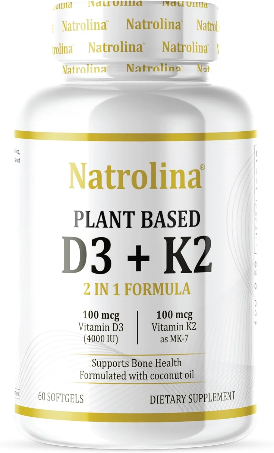Natrolina Plant-Based Vitamin D3 + K2 Supplement - 60 Softgels | Enhances Immune Defense, Cardiovascular and Brain Health | Strengthens Bone Density, Muscle Function & Calcium Absorption | Non-GMO