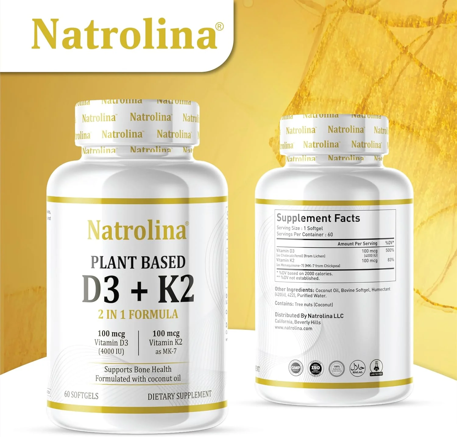 Natrolina Plant-Based Vitamin D3 + K2 Supplement - 60 Softgels | Enhances Immune Defense, Cardiovascular and Brain Health | Strengthens Bone Density, Muscle Function & Calcium Absorption | Non-GMO Natrolina Plant-Based Vitamin D3 + K2 Supplement - 60 Softgels | Enhances Immune Defense, Cardiovascular and Brain Health | Strengthens Bone Density, Muscle Function & Calcium Absorption | Non-GMO