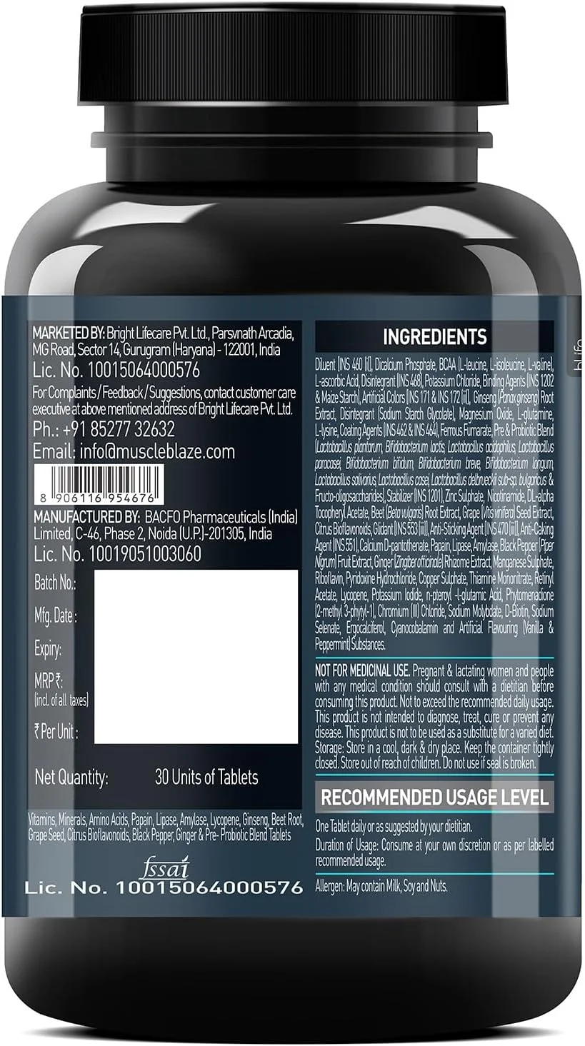 مولتی ویتامین MuscleBlaze MB-Vite با تقویت کننده های ایمنی و آنزیم های گوارشی، 100% مقدار توصیه شده روزانه ویتامین C، D، روی، 30 عدد قرص