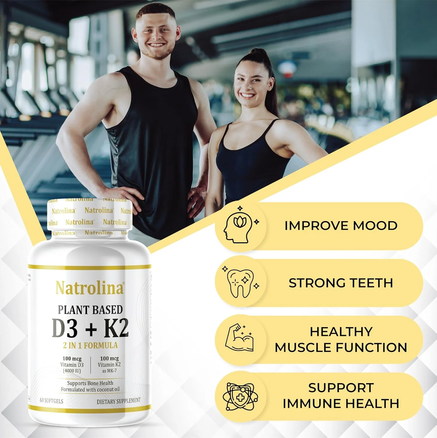 Natrolina Plant-Based Vitamin D3 + K2 Supplement - 60 Softgels | Enhances Immune Defense, Cardiovascular and Brain Health | Strengthens Bone Density, Muscle Function & Calcium Absorption | Non-GMO Natrolina Plant-Based Vitamin D3 + K2 Supplement - 60 Softgels | Enhances Immune Defense, Cardiovascular and Brain Health | Strengthens Bone Density, Muscle Function & Calcium Absorption | Non-GMO
