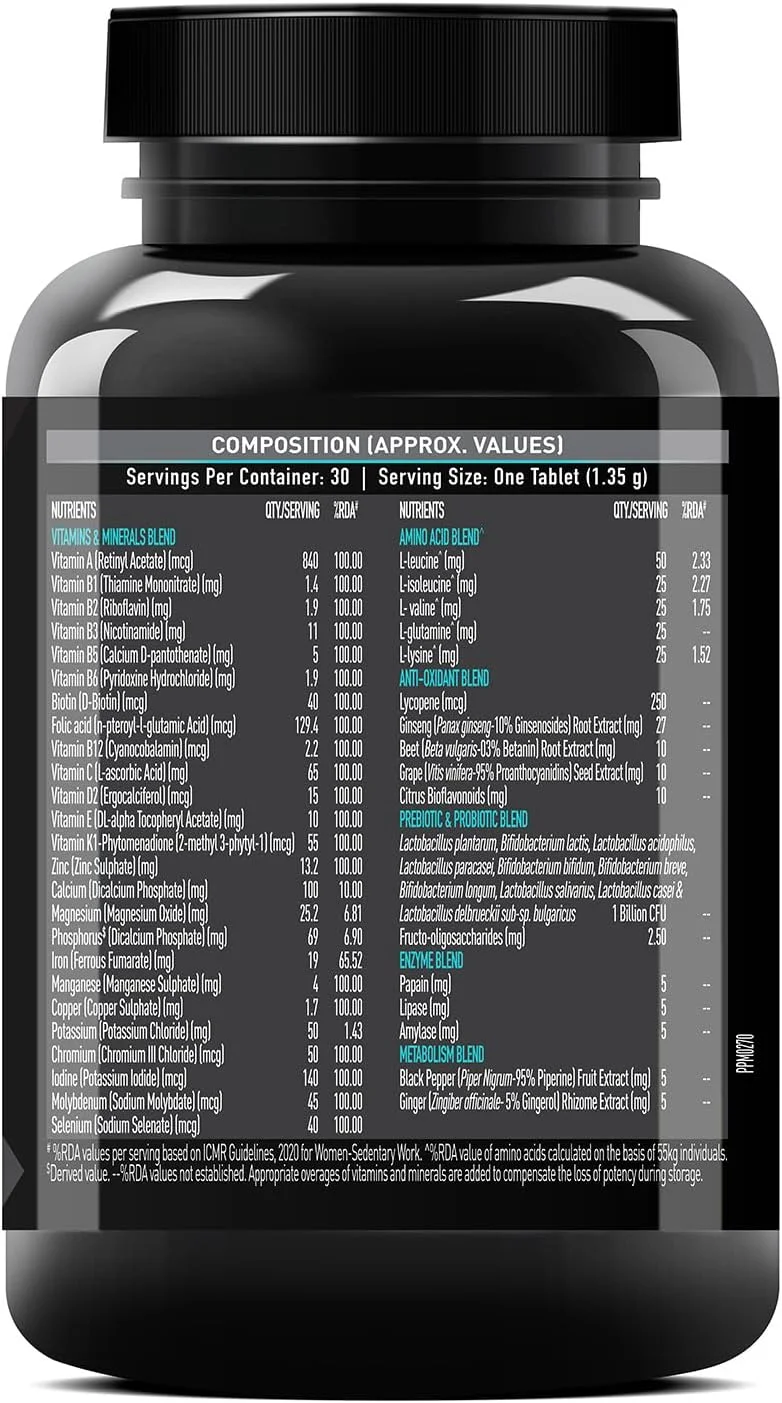 مولتی ویتامین MuscleBlaze MB-Vite با تقویت کننده های ایمنی و آنزیم های گوارشی، 100% مقدار توصیه شده روزانه ویتامین C، D، روی، 30 عدد قرص