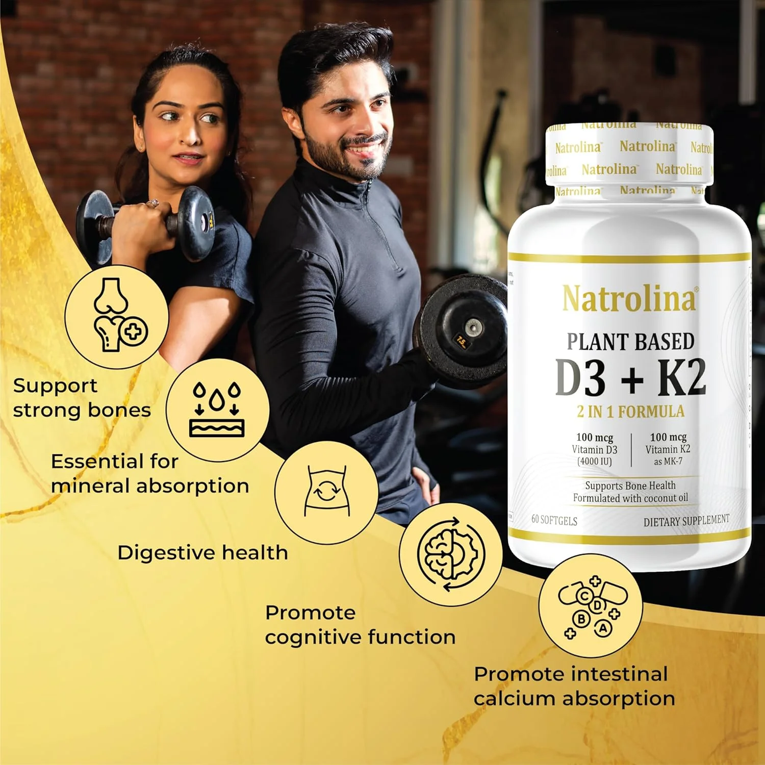 Natrolina Plant-Based Vitamin D3 + K2 Supplement - 60 Softgels | Enhances Immune Defense, Cardiovascular and Brain Health | Strengthens Bone Density, Muscle Function & Calcium Absorption | Non-GMO Natrolina Plant-Based Vitamin D3 + K2 Supplement - 60 Softgels | Enhances Immune Defense, Cardiovascular and Brain Health | Strengthens Bone Density, Muscle Function & Calcium Absorption | Non-GMO