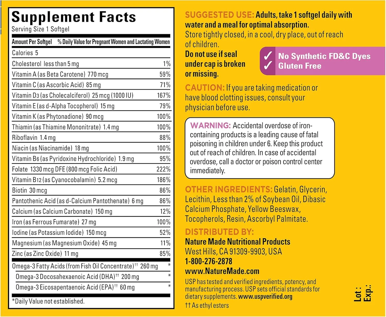 مکمل دوران بارداری Nature Made با اسید فولیک + DHA، ویتامین و مواد معدنی دوران بارداری برای حمایت تغذیه ای روزانه، 60 سافت ژل، تامین 60 روزه