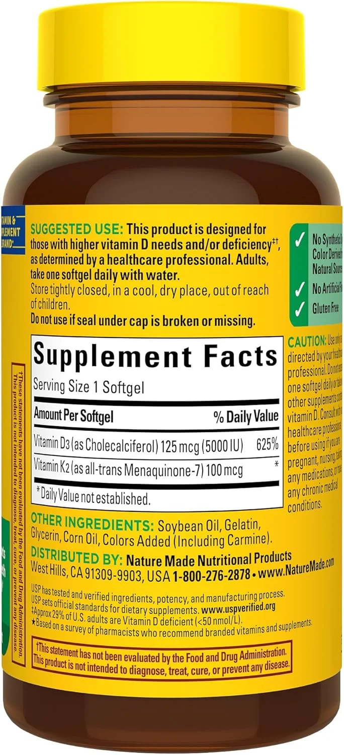 مکمل ویتامین D3 K2 نیچرمید، 5000 واحد بین المللی (125 میکروگرم) ویتامین D برای حمایت از استخوان، دندان، عضله و سیستم ایمنی، 30 سافت ژل D3 و K2، تامین 30 روزه مکمل ویتامین D3 K2 نیچرمید، 5000 واحد بین المللی (125 میکروگرم) ویتامین D برای حمایت از استخوان، دندان، عضله و سیستم ایمنی، 30 سافت ژل D3 و K2، تامین 30 روزه