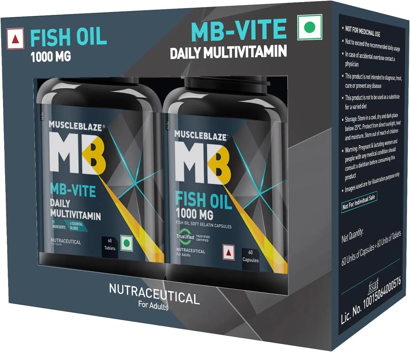 مولتی ویتامین روزانه MuscleBlaze MB-Vite با 51 ماده تشکیل دهنده و 6 ترکیب، 60 قرص به همراه روغن ماهی امگا 3 1000 میلی گرم، 60 کپسول روغن ماهی (بسته ترکیبی)