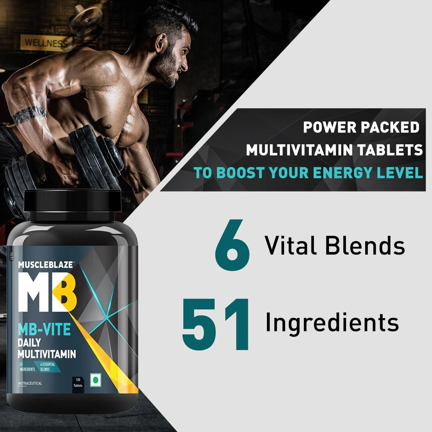 مولتی ویتامین MuscleBlaze MB-Vite با تقویت کننده های ایمنی و آنزیم های گوارشی، 100% RDA ویتامین C، D، روی، 120 قرص