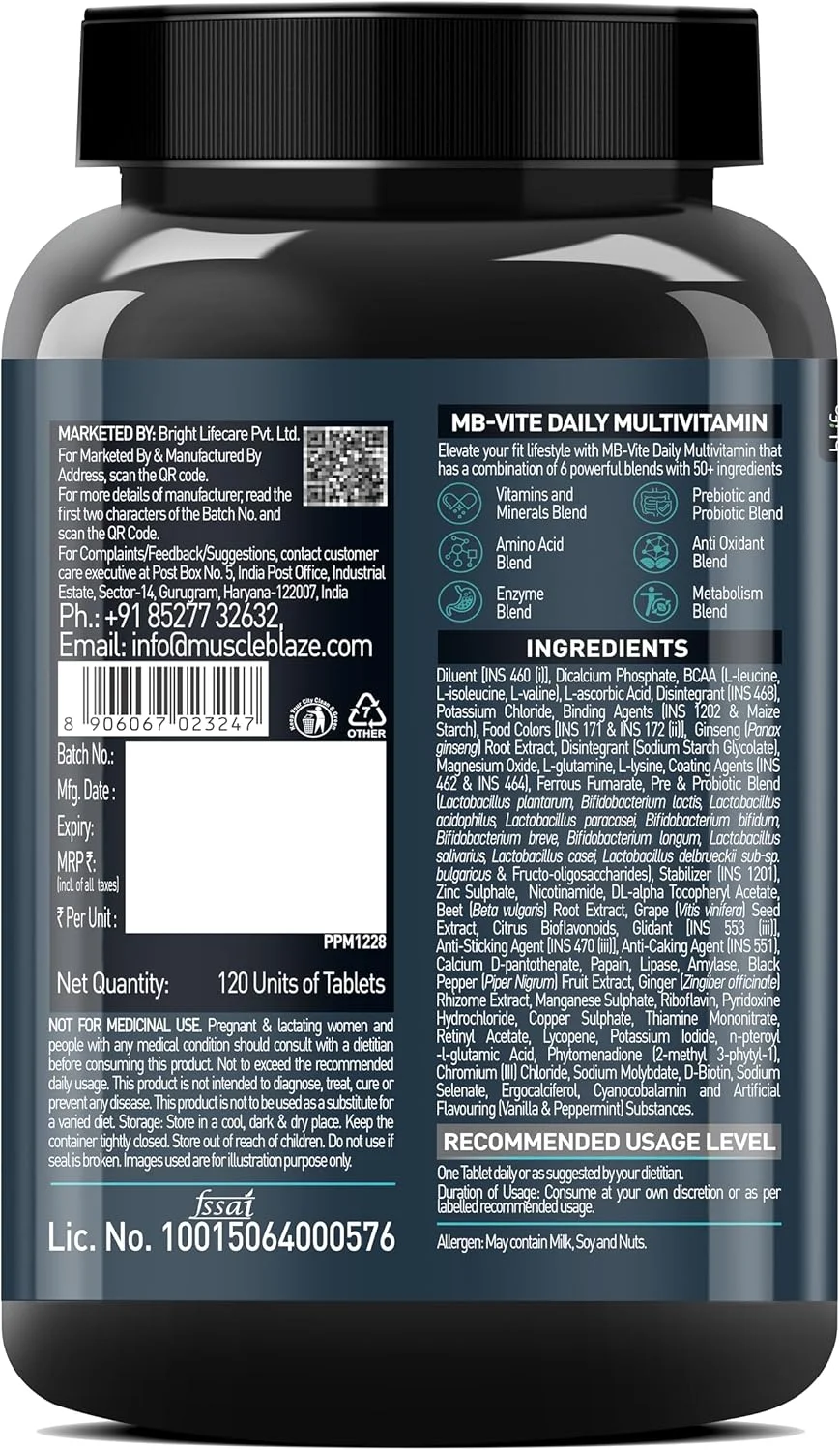 مولتی ویتامین MuscleBlaze MB-Vite با تقویت کننده های ایمنی و آنزیم های گوارشی، 100% RDA ویتامین C، D، روی، 120 قرص