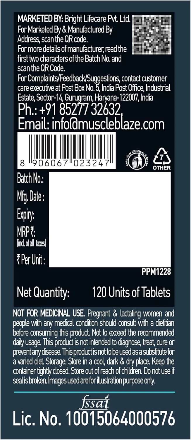 مولتی ویتامین MuscleBlaze MB-Vite با تقویت کننده های ایمنی و آنزیم های گوارشی، 100% RDA ویتامین C، D، روی، 120 قرص