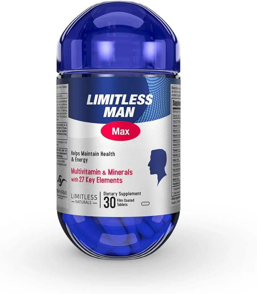 مولتی ویتامین روزانه مردانه Limitless Man Max – حاوی 27 ماده مغذی ضروری – انرژی، نشاط و پشتیبانی از سیستم ایمنی – ویتامین ها با آهن، D و کمپلکس B – 30 قرص