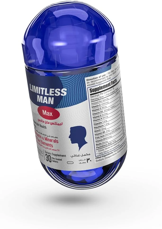 مولتی ویتامین روزانه مردانه Limitless Man Max – حاوی 27 ماده مغذی ضروری – انرژی، نشاط و پشتیبانی از سیستم ایمنی – ویتامین ها با آهن، D و کمپلکس B – 30 قرص