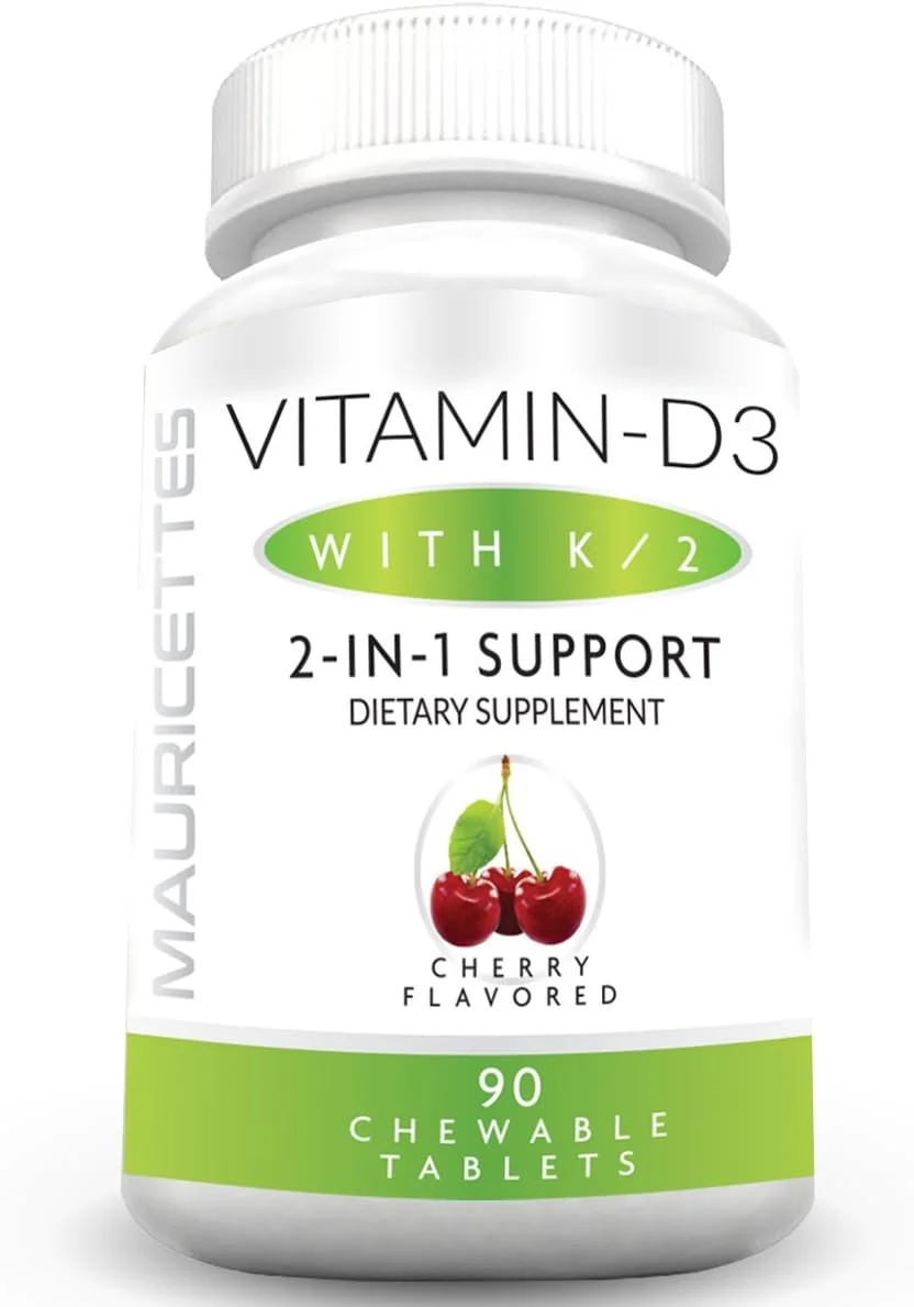 Mauricettes Chewable Vitamin D-3 with K-2 Supplement for Kids and Adults - 2000 IU VIT D3 & Vitamins K2 MK7-90 Non-GMO Chewables