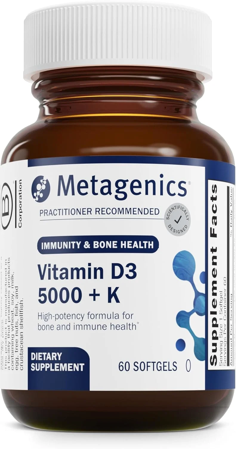 Metagenics Vitamin D3 + K - for Artery Health, Immune Support, Bone & Heart Health* - Vitamin D with MK-7 (Vitamin K2) - Non-GMO - Gluten-Free - 60 Softgels - 5,000 IU