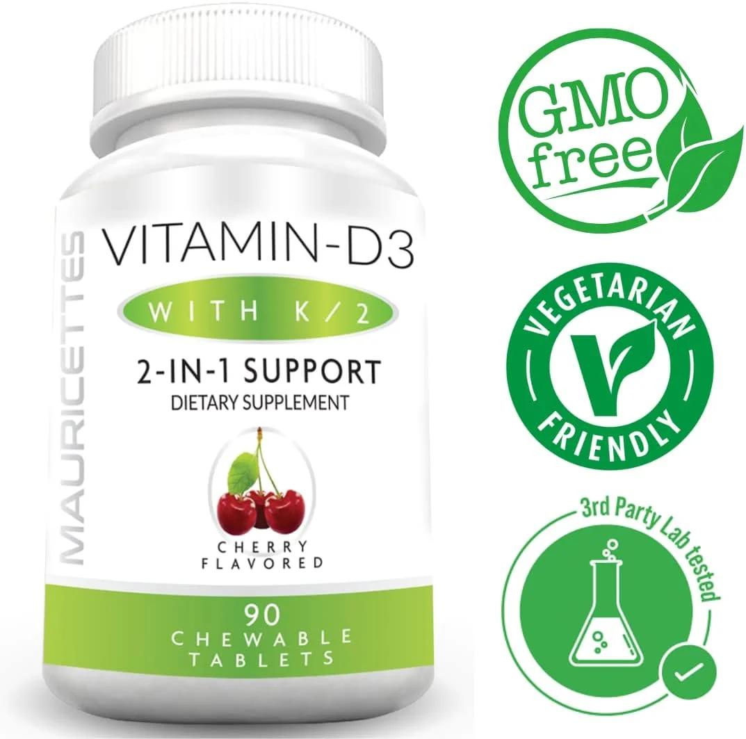 Mauricettes Chewable Vitamin D-3 with K-2 Supplement for Kids and Adults - 2000 IU VIT D3 & Vitamins K2 MK7-90 Non-GMO Chewables