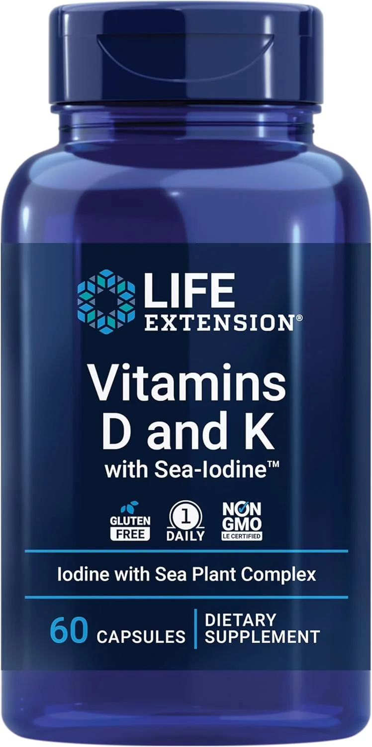 Life Extension Vitamins D and K with Sea-Iodine – Bone, Brain, Thyroid & Arterial Support – Non-GMO, Once Daily, Gluten-Free – 60 Capsules