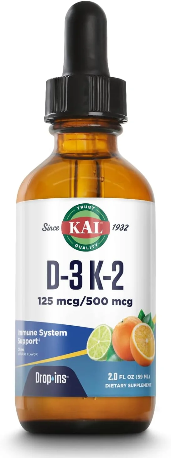 قطره خوراکی ویتامین D3 K2 KAL، 125 میکروگرم / 500 میکروگرم، مکمل سلامت استخوان، سلامت قلب و تقویت سیستم ایمنی، طعم طبیعی مرکبات، تقریبا 59 سروینگ، 2 FL OZ