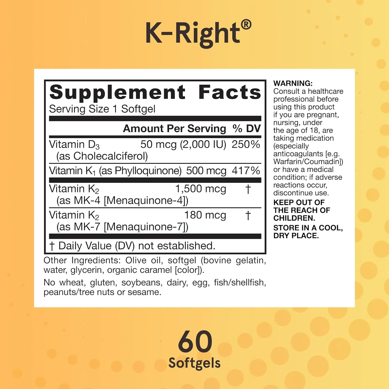 Jarrow Formulas K-Right - Dietary Supplement for Bone & Cardiovascular Health Support - Contains Vitamin D3 & Three Forms of Vitamin K Including MK-7-60 Servings (PACKAGING MAY VARY)