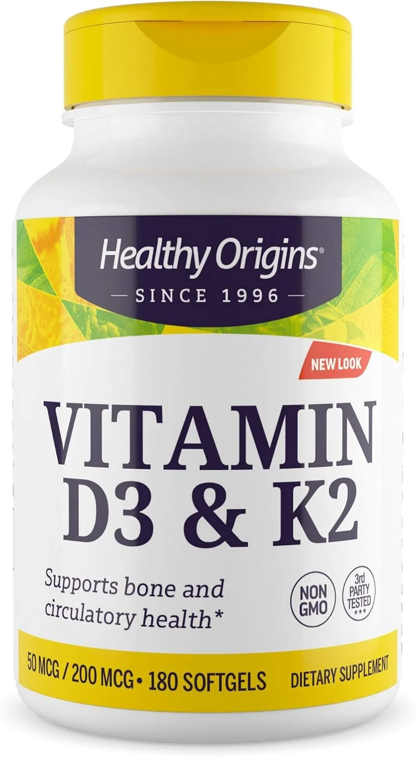 ویتامین D3 و K2 Healthy Origins - ویتامین D3، 50 میکروگرم - ویتامین K2، 200 میکروگرم - مکمل های ویتامین D و ویتامین K با جذب آسان - مکمل های غیر GMO و بدون گلوتن - 180 سافت ژل