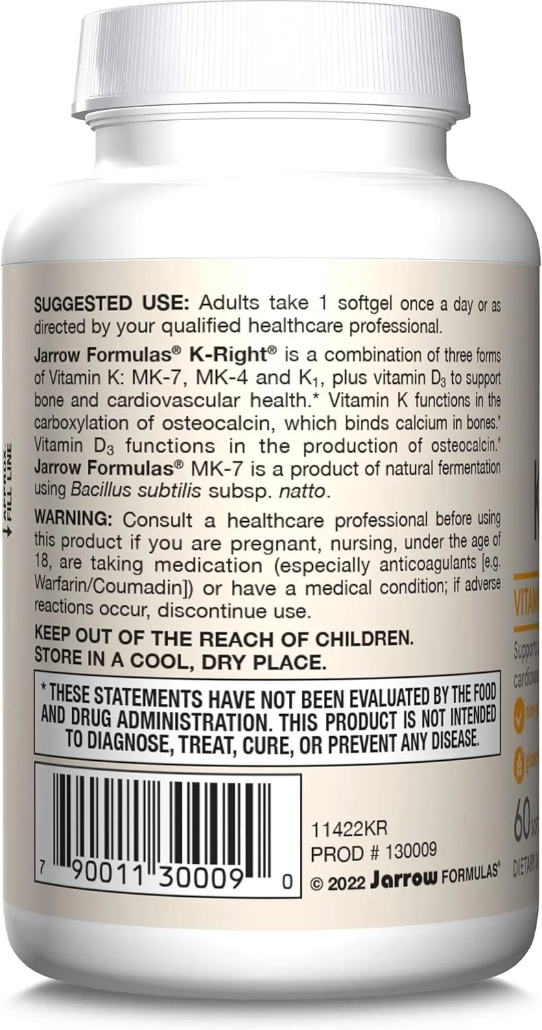 Jarrow Formulas K-Right - Dietary Supplement for Bone & Cardiovascular Health Support - Contains Vitamin D3 & Three Forms of Vitamin K Including MK-7-60 Servings (PACKAGING MAY VARY)