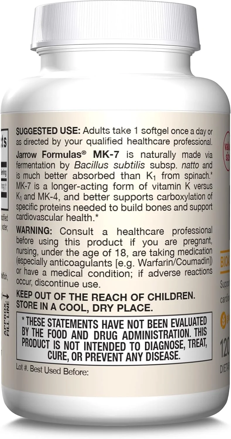 Jarrow Formulas MK-7 90 mcg - 120 Softgels - Superior Vitamin K Product for Building Strong Bones - Supports Heart & Cardiovascular Health - 120 Servings Jarrow Formulas MK-7 90 mcg - 120 Softgels - Superior Vitamin K Product for Building Strong Bones - Supports Heart & Cardiovascular Health - 120 Servings
