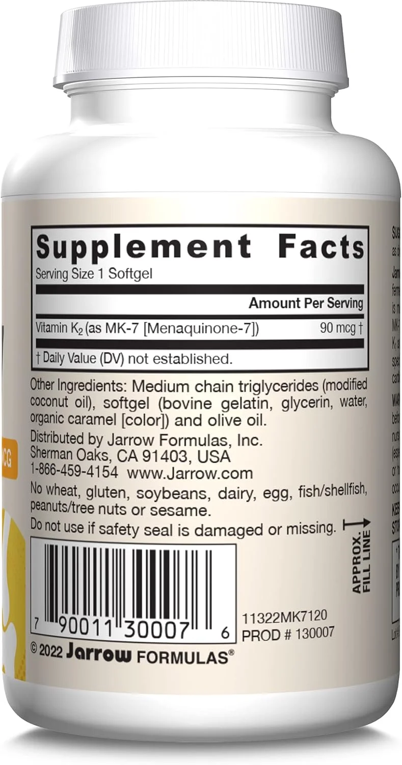 Jarrow Formulas MK-7 90 mcg - 120 Softgels - Superior Vitamin K Product for Building Strong Bones - Supports Heart & Cardiovascular Health - 120 Servings Jarrow Formulas MK-7 90 mcg - 120 Softgels - Superior Vitamin K Product for Building Strong Bones - Supports Heart & Cardiovascular Health - 120 Servings