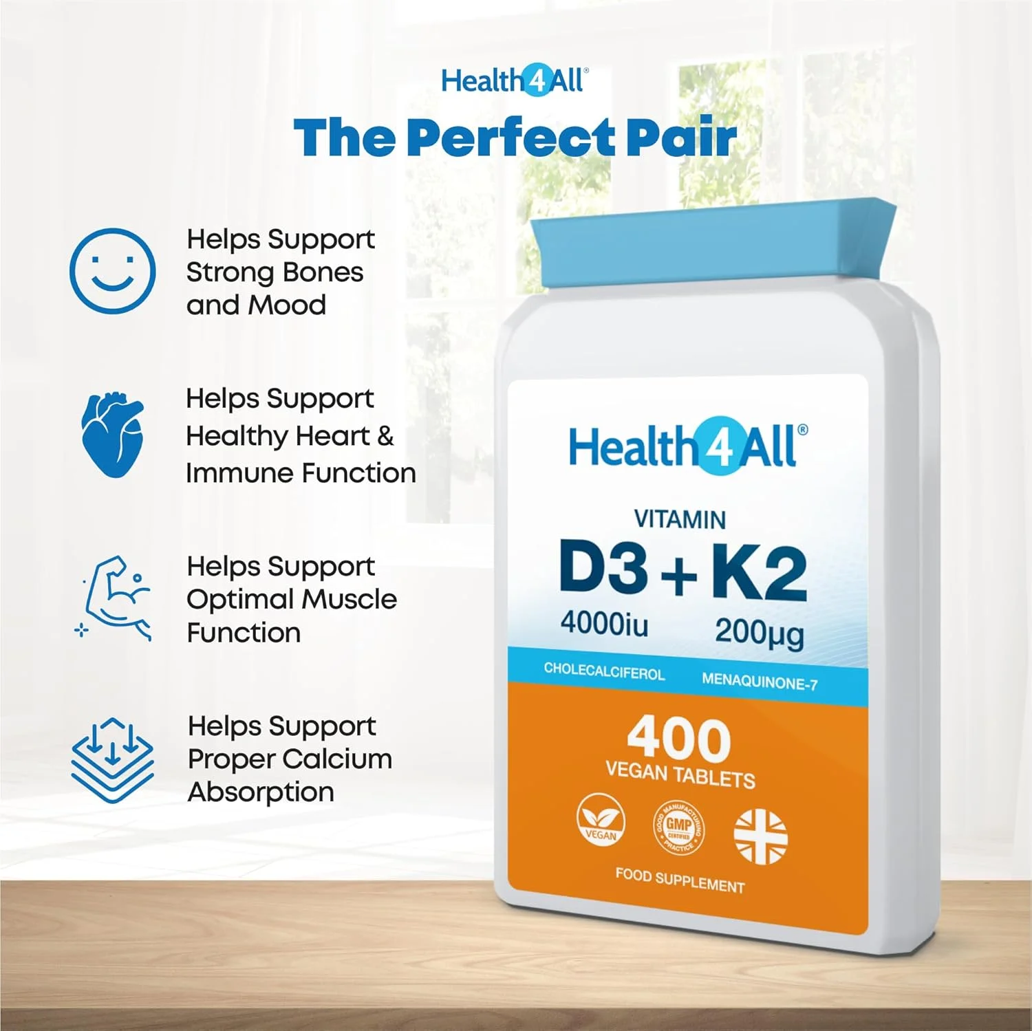 هلث فور آل ویتامین D3 4000iu و ویتامین K2 200ug (MK7 طبیعی) 400 قرص (تامین بیش از 1 سال) مکمل گیاهی ویتامین D3 K2، MK-7 با قدرت بالا از ناتو، ساخت انگلستان