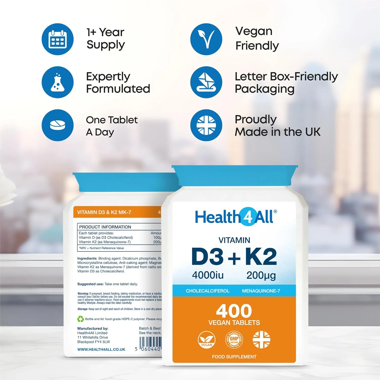 هلث فور آل ویتامین D3 4000iu و ویتامین K2 200ug (MK7 طبیعی) 400 قرص (تامین بیش از 1 سال) مکمل گیاهی ویتامین D3 K2، MK-7 با قدرت بالا از ناتو، ساخت انگلستان