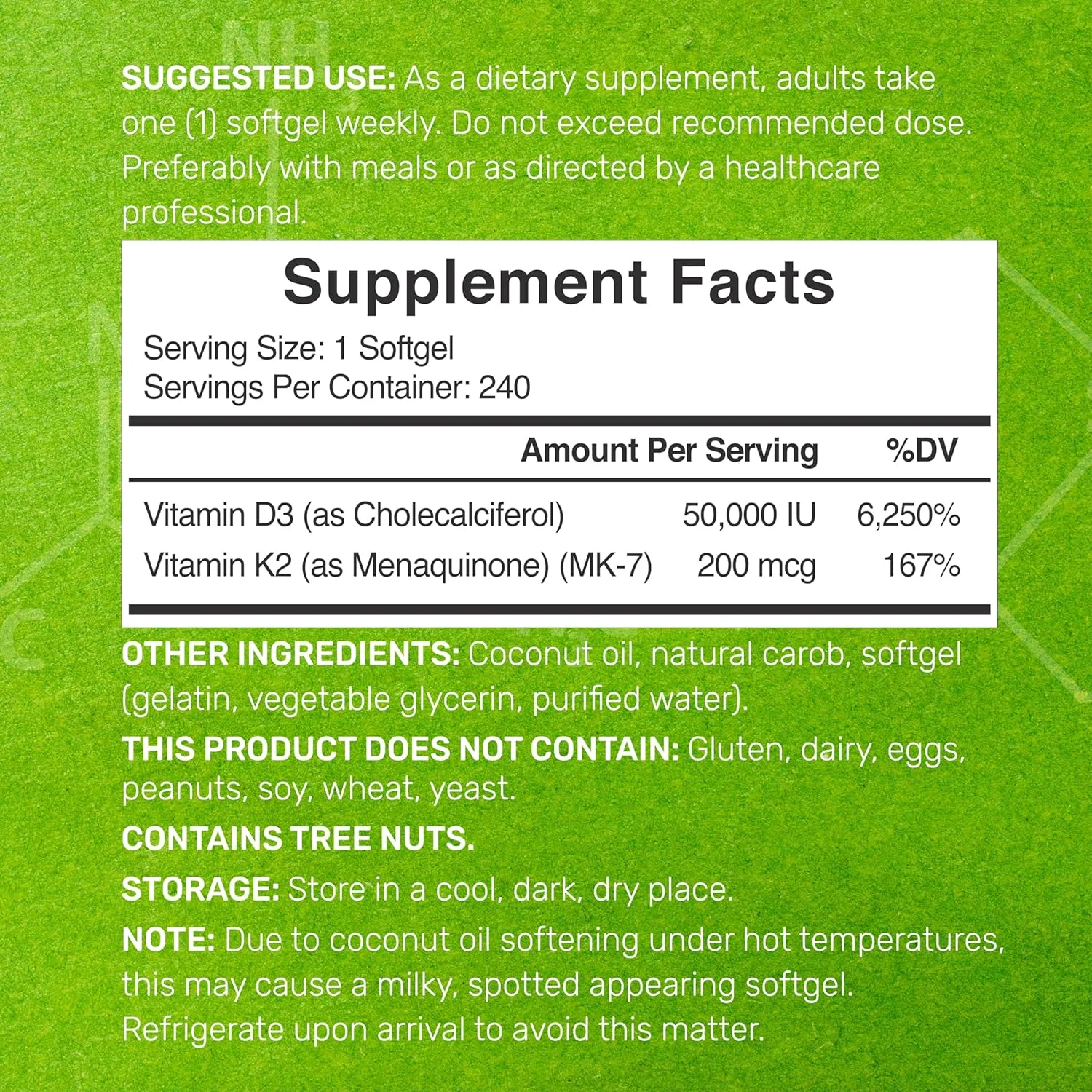 مکمل ویتامین D3 با دوز 50000 واحد بین المللی + K2 MK7 با دوز 200 میکروگرم، 240 سافت ژل | روغن نارگیل بکر، حداکثر قدرت ویتامین D و K، تقویت سلامت قلب، استخوان و دندان - یک سافت ژل در هفته، بلع آسان