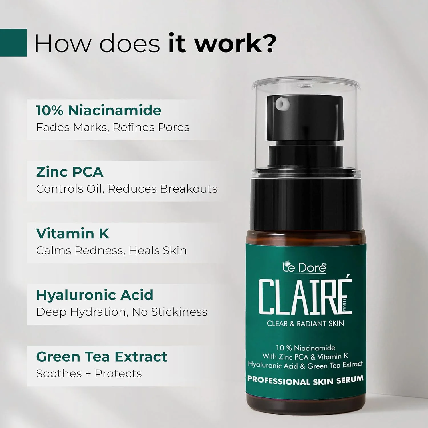 سرم نیاسینامید 10% Le Dore Claire با ویتامین K، اسید هیالورونیک، زینک PCA و عصاره چای سبز - فرمول ضد آکنه برای جای جوش، پوست چرب و مستعد لک (30 میلی لیتر) سرم نیاسینامید 10% Le Dore Claire با ویتامین K، اسید هیالورونیک، زینک PCA و عصاره چای سبز - فرمول ضد آکنه برای جای جوش، پوست چرب و مستعد لک (30 میلی لیتر)