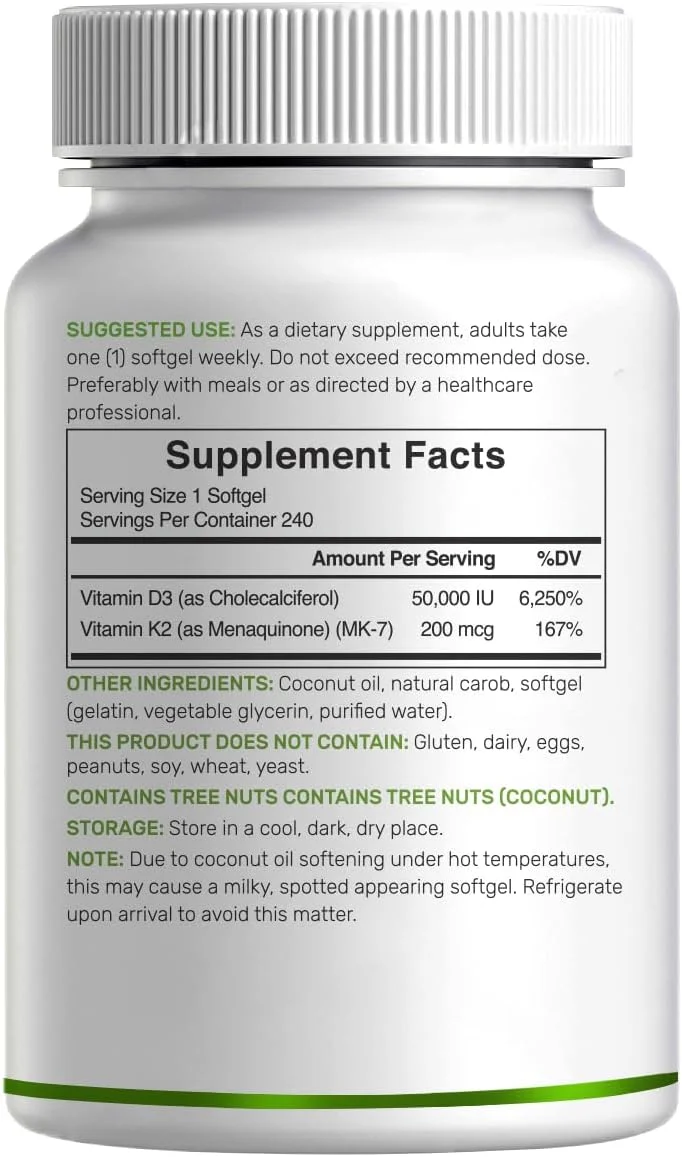 مکمل ویتامین D3 با دوز 50000 واحد بین المللی + K2 MK7 با دوز 200 میکروگرم، 240 سافت ژل | روغن نارگیل بکر، حداکثر قدرت ویتامین D و K، تقویت سلامت قلب، استخوان و دندان - یک سافت ژل در هفته، بلع آسان