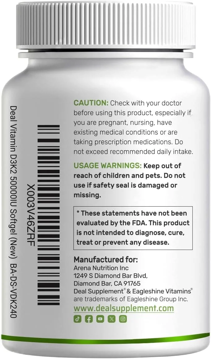 مکمل ویتامین D3 با دوز 50000 واحد بین المللی + K2 MK7 با دوز 200 میکروگرم، 240 سافت ژل | روغن نارگیل بکر، حداکثر قدرت ویتامین D و K، تقویت سلامت قلب، استخوان و دندان - یک سافت ژل در هفته، بلع آسان