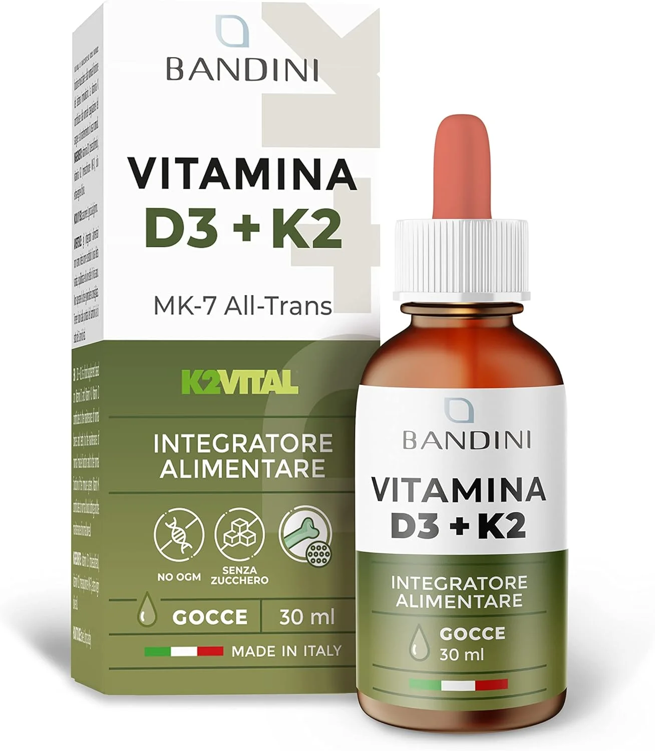 قطره های ویتامین D3 K2 Bandini®، روغن زیتون فوق بکر EVO، کلکلسیفرول 1000 واحد بین المللی در هر قطره + VIT K 2 MK-7 مناکینون Kappa 99.7% 100 میکروگرم در هر قطره، قطره های ویتامین D، D3 و K2، 100% گیاهی